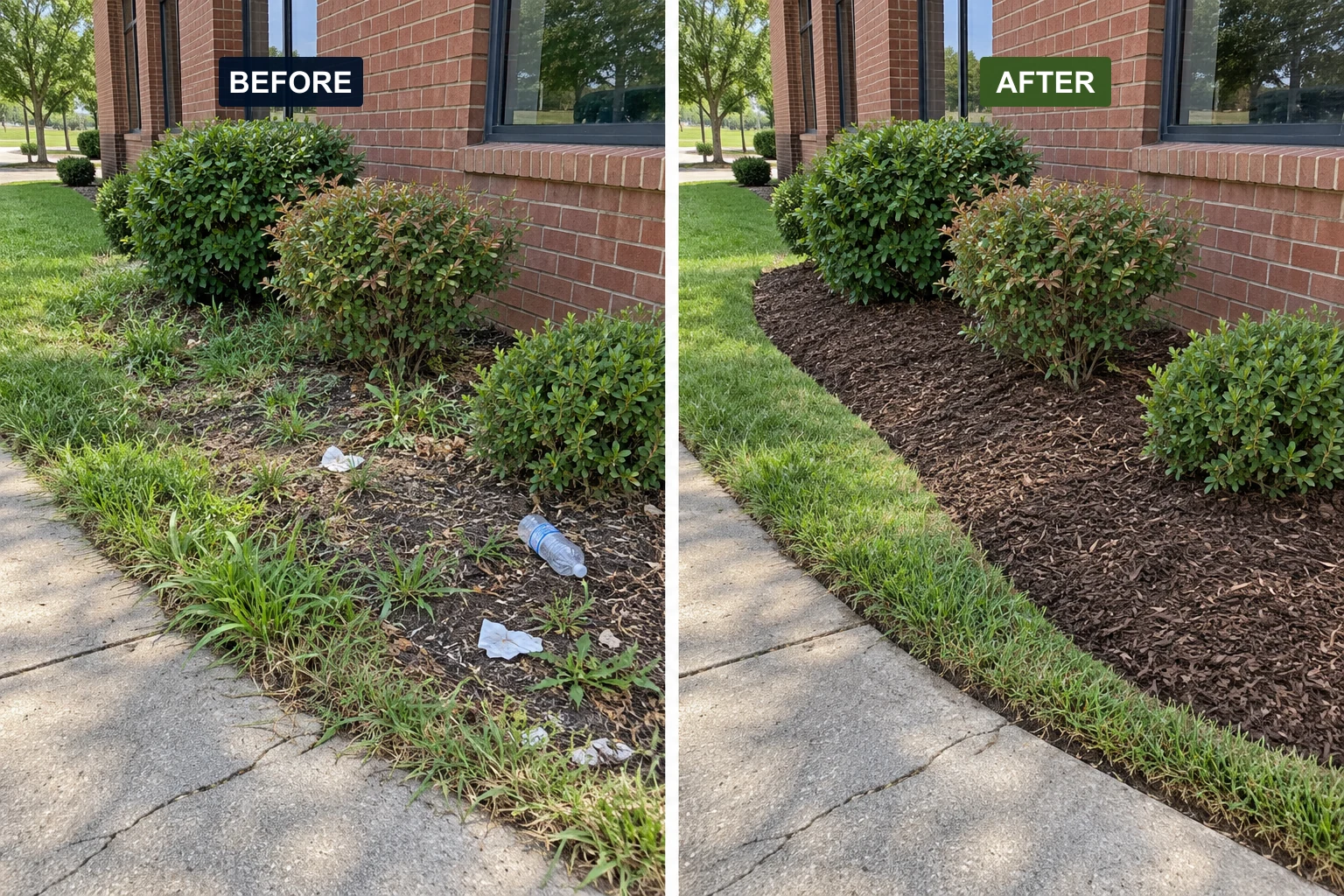 Landscape-bed comparison: weeds and light litter before, a clean edge and fresh brown mulch after