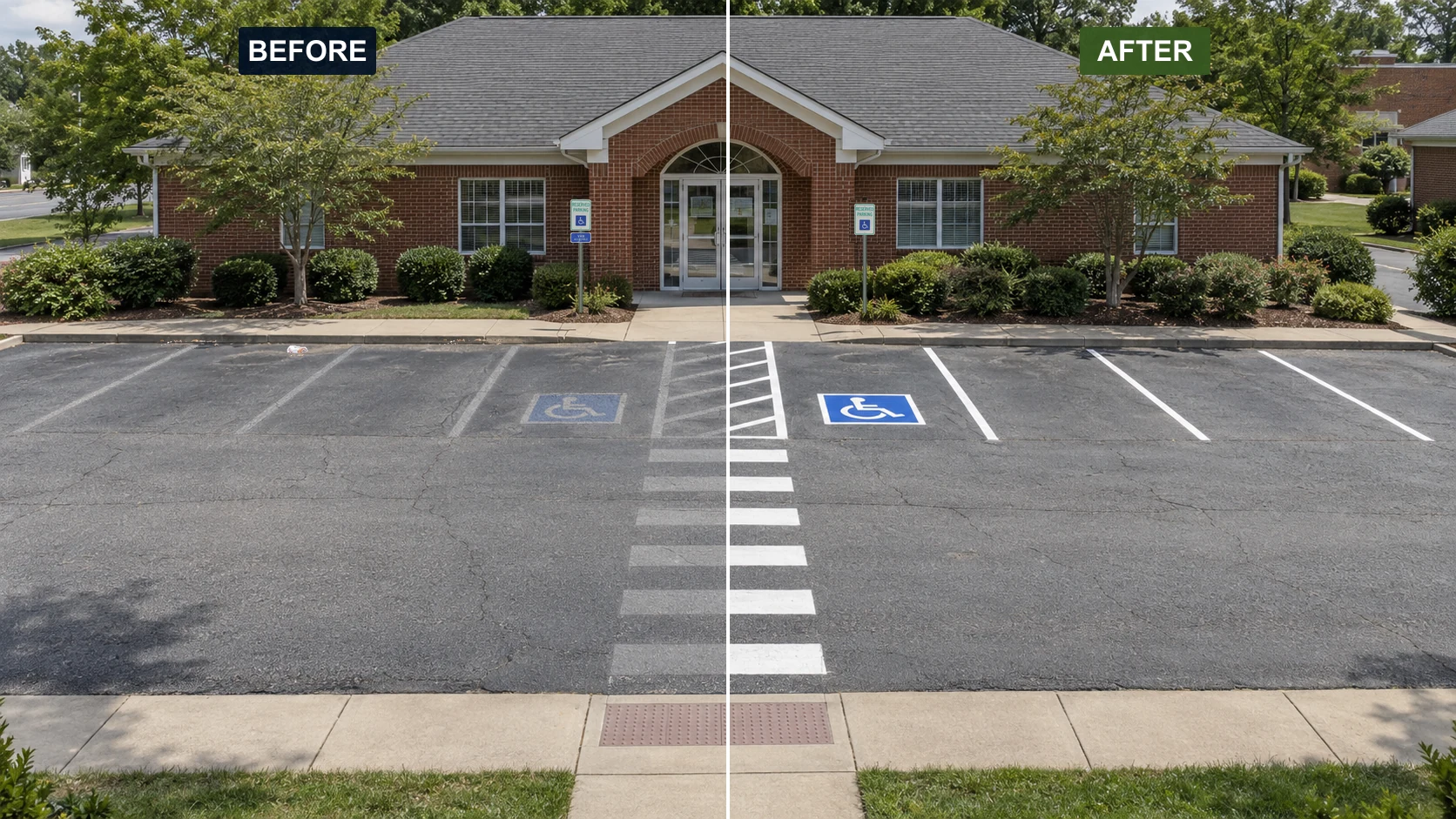 Office property comparison: faded markings before on the left, clean edges and fresh markings after on the right