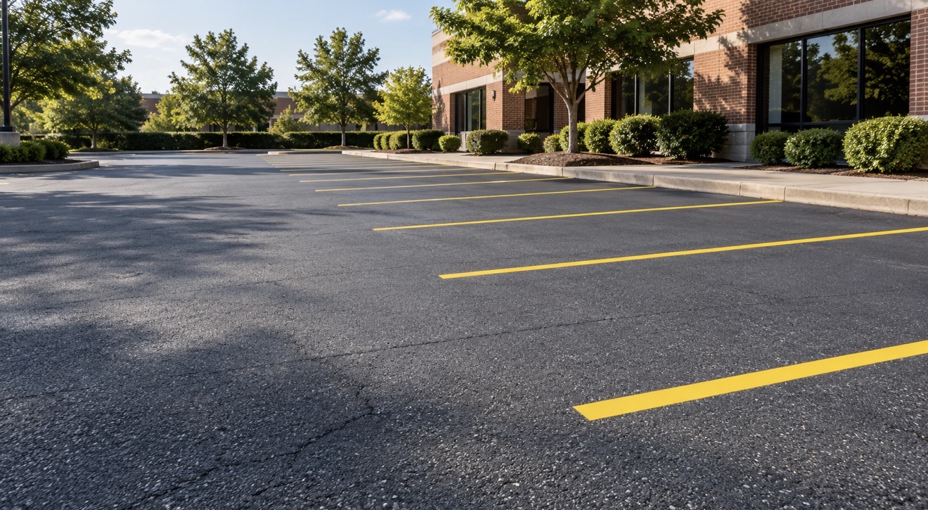 Commercial parking lot with yellow parking-space lines beside an office building